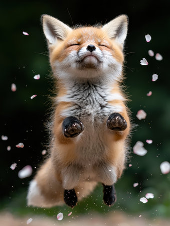 Adorable red fox kit levitating amidst falling cherry blossomsの素材
