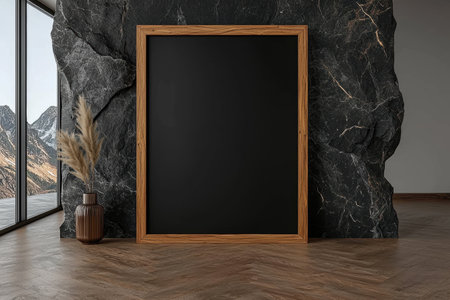 Blank black poster mockup in wooden frame on dark stone wallの素材