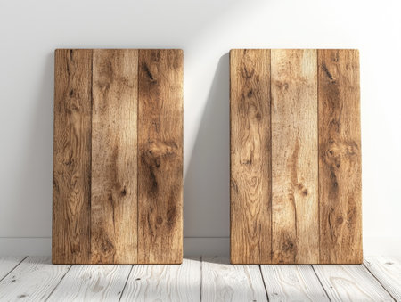Two rustic wooden signs leaning against a white wallの素材