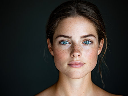 Close-up portrait of a young woman with freckles and blue eyesの素材