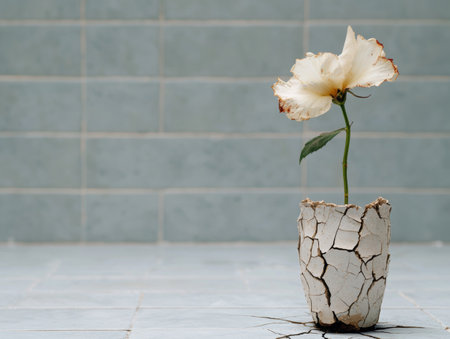 Dried white rose in a cracked pot against a tiled wallの素材