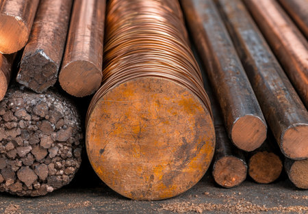 Close-up of copper and bronze metal rods and wire coils in a warehouseの素材
