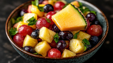 Delicious summer fruit salad in a rustic bowlの素材