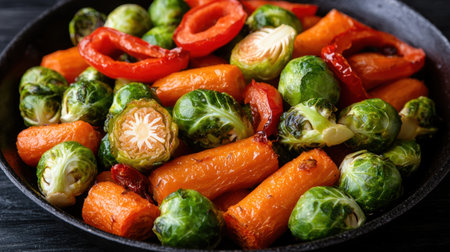 Roasted brussels sprouts and carrots with roasted red peppers in a cast iron skilletの素材