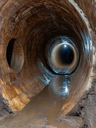 Dark and muddy interior of a large drainage pipeの素材