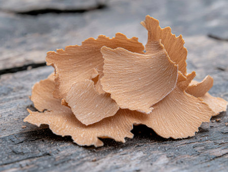 Close-up of light brown wood shavings on a rustic wooden surfaceの素材