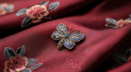 Elegant butterfly brooch on red fabric with floral embroideryの素材