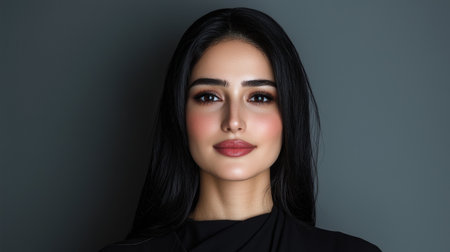Close-up portrait of a beautiful woman with long black hair and natural makeupの素材