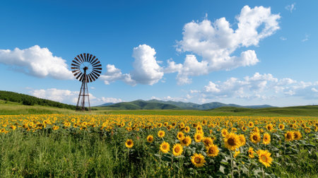 Windmill in a sunflower field under a blue skyの素材