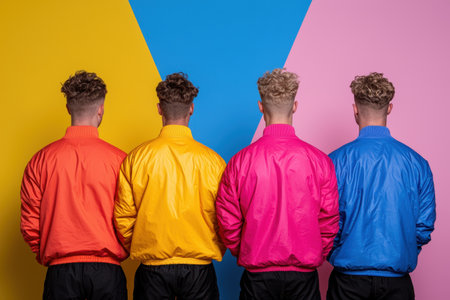 Back view of four stylish men in colorful jackets against a vibrant backdrop.の素材