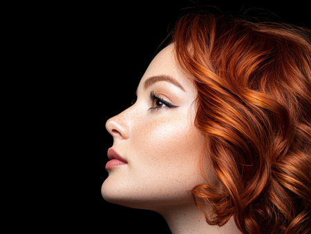Close-up profile of a woman with vibrant red curly hairの素材