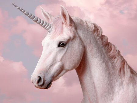 Pink unicorn with silver horn against pastel skyの素材