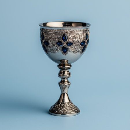 Ornate silver goblet with blue gems on a light blue backgroundの素材