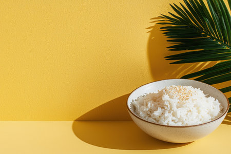 Bowl of Steamed Rice with Sesame Seeds on Yellow Backgroundの素材