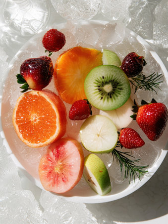 Refreshing summer fruit salad with ice cubes in a white bowlの素材