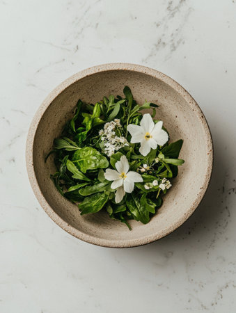 Overhead view of a bowl of fresh greens and edible flowersの素材