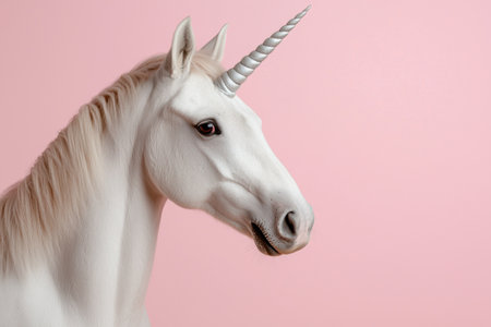 White unicorn horse with silver horn on pink backgroundの素材