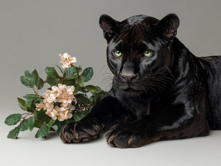 Black panther with delicate pink flowersの素材