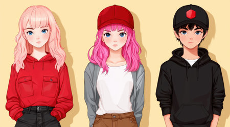 Group of teenagers with pink hair. Vector illustration in cartoon style.の素材