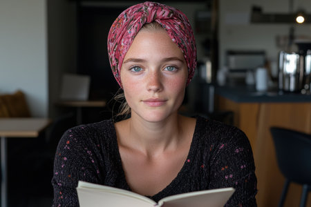 Young woman with headscarf reading a book in a cafeの素材