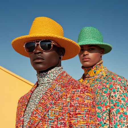 Stylish men in summer hats and patterned suits posing against a yellow wallの素材