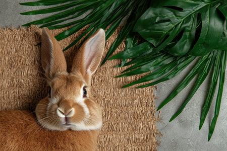 Adorable fluffy brown bunny rabbit relaxing on a woven mat with tropical leavesの素材