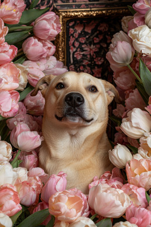 Cute dog in a pink tulip bouquet. Studio shot.の素材