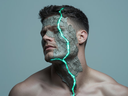 Man with cracked face and glowing lines, futuristic conceptの素材