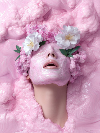Woman with pink face mask and flowers in a pink creamy substanceの素材