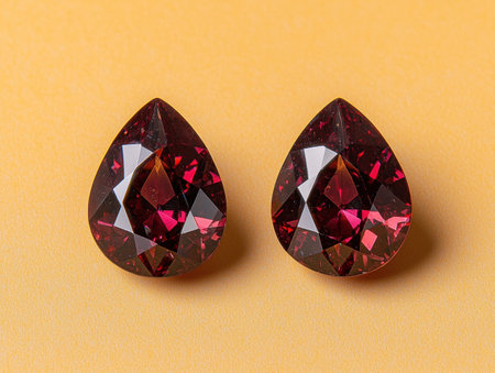 Pair of pear-shaped red gemstones on a yellow backgroundの素材