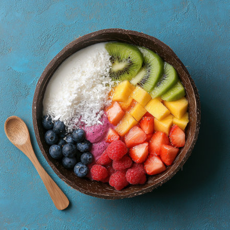 Healthy breakfast bowl with coconut milk, fruits and berries on blue backgroundの素材