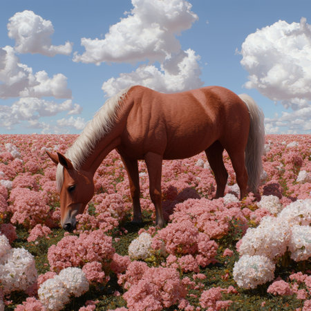 Chestnut horse grazing in a field of pink and white flowersの素材