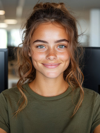 Smiling woman with freckles and wavy hair in a green shirtの素材