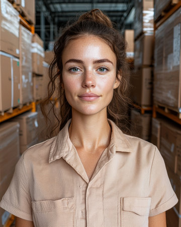 Portrait of a young woman working in a warehouseの素材
