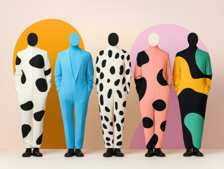 Fashionable abstract print jumpsuits and suit, diversity conceptの素材
