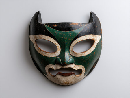 Antique hand-carved wooden mask with green and black paintの素材