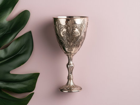 Silver goblet with ornate design on pink background with tropical leafの素材