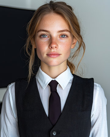 Young woman in business attire with freckles and blue eyesの素材