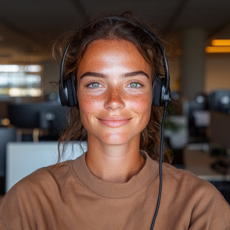 Smiling female customer service representative wearing headset in officeの素材