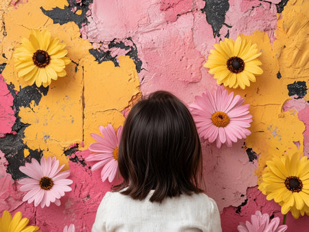 Girl with brown hair standing in front of a colorful floral wallの素材