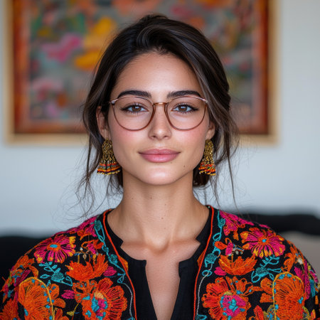 Beautiful young woman with glasses and ethnic earrings smiles at the camera.の素材