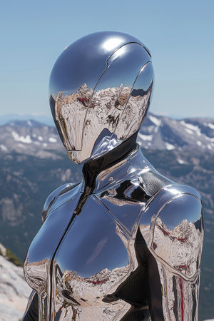 Futuristic chrome robot in a mountainous landscapeの素材