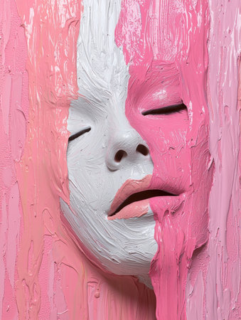 Abstract portrait of a woman's face painted in pink and white.の素材