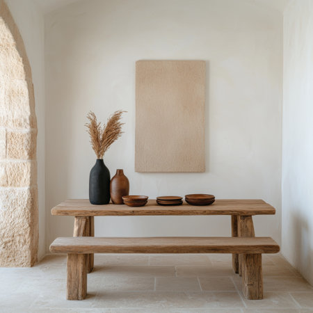 Interior design of living room with wooden bench, vase, tableware and copy space on wallの素材