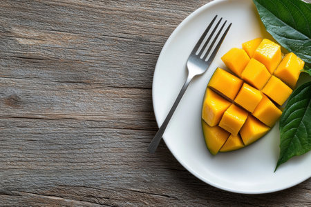Freshly cut mango on a white plate with a forkの素材