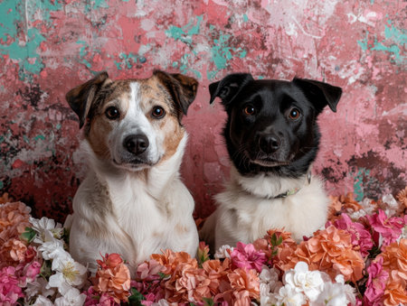 Two adorable mixed breed dogs posing together in a bed of pink flowersの素材