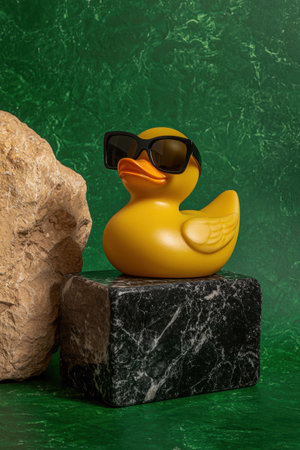 Cool rubber duck wearing sunglasses on a marble blockの素材