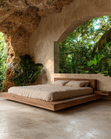 Luxury minimalist bedroom design in a jungle settingの素材