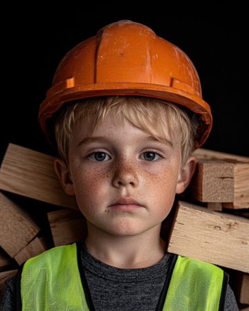 Young boy in hard hat and safety vest with woodの素材