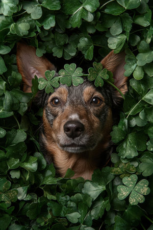 Cute dog peeking through shamrocks for St. Patrick's Dayの素材